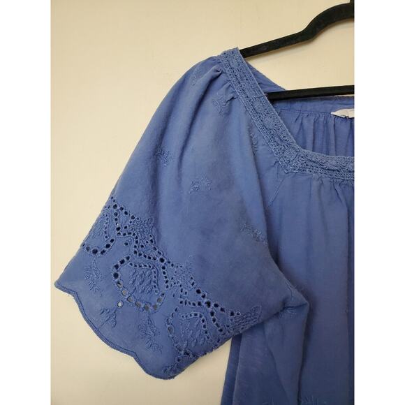 Lucky Brand Large Peasant Top Boho Eyelet Lace Blue Flutter Sleeve EMBROIDERY - Picture 3 of 9